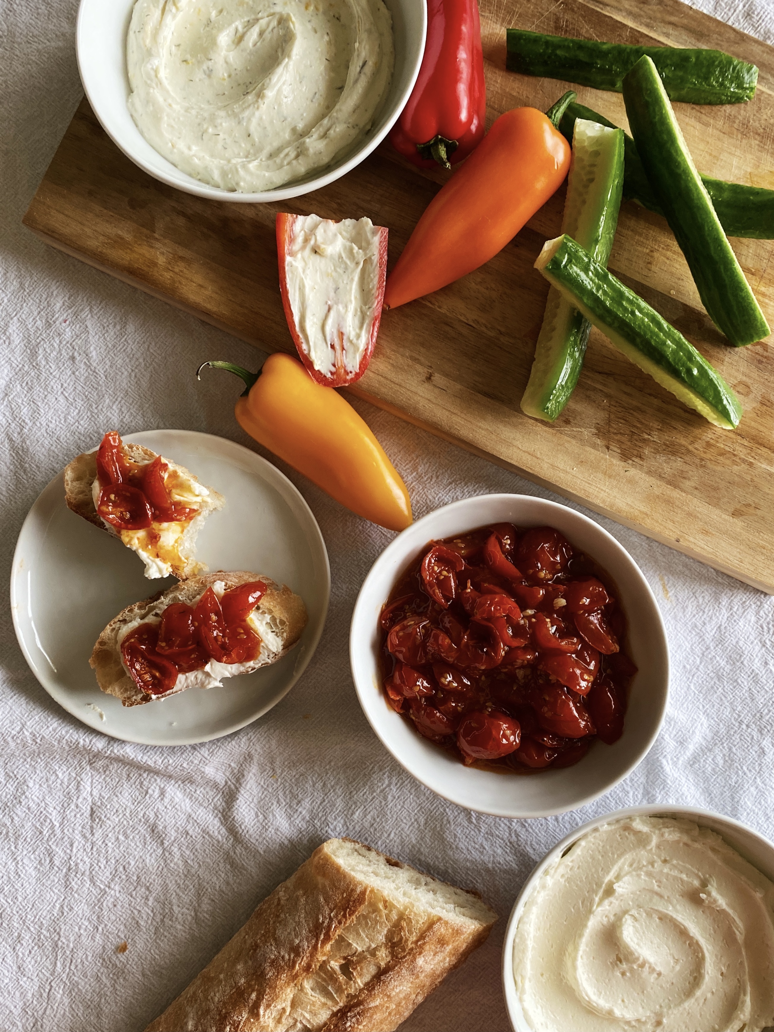 whipped feta dip with crudite and roasted tomatoes